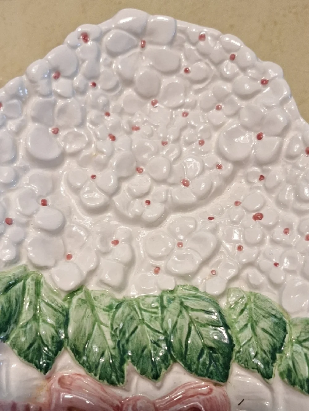 White Ceramic Hydrangea Basket Wall Plaque with Pink Bow